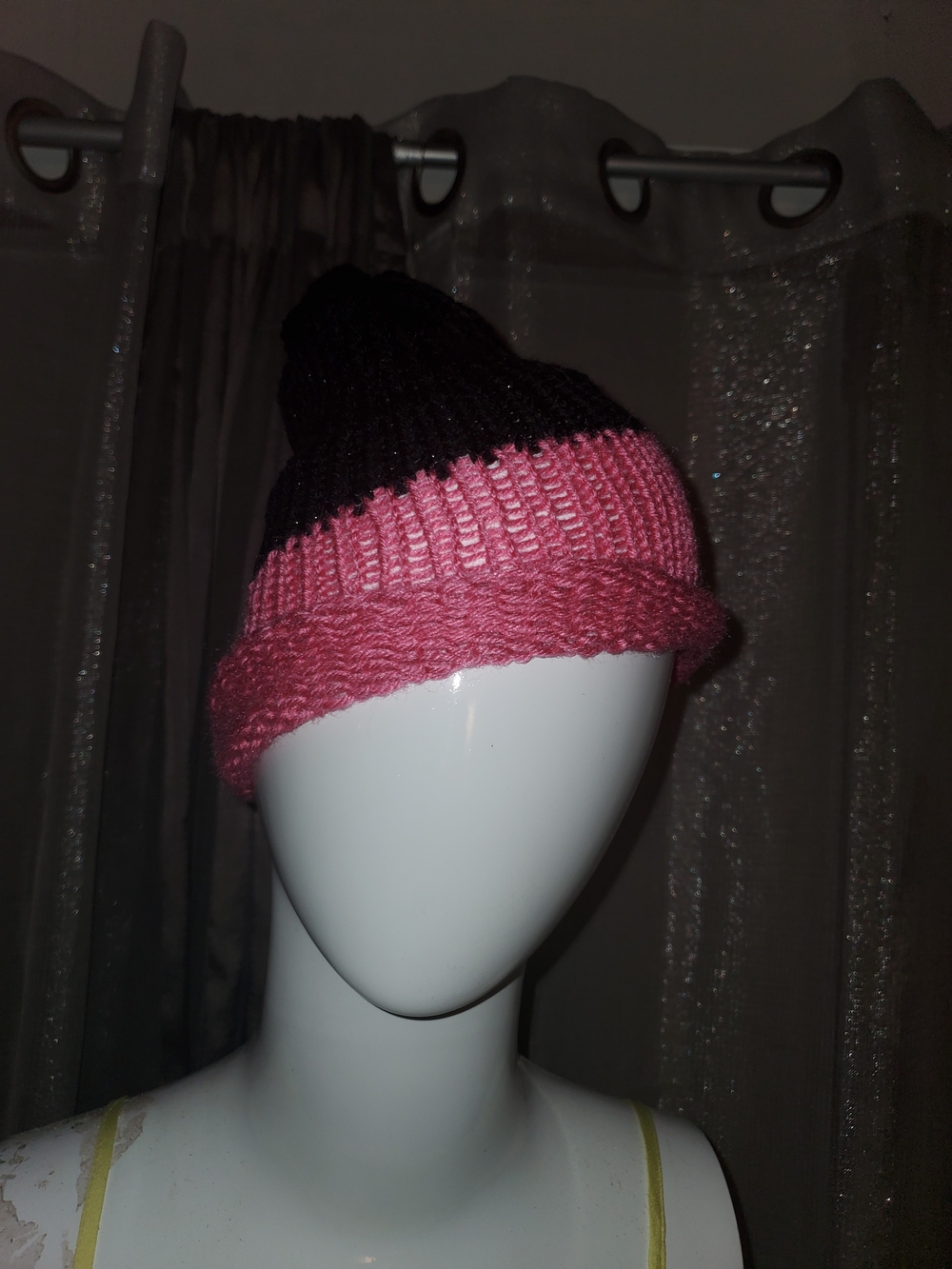 Two-Tone Black and Pink Knit Beanie